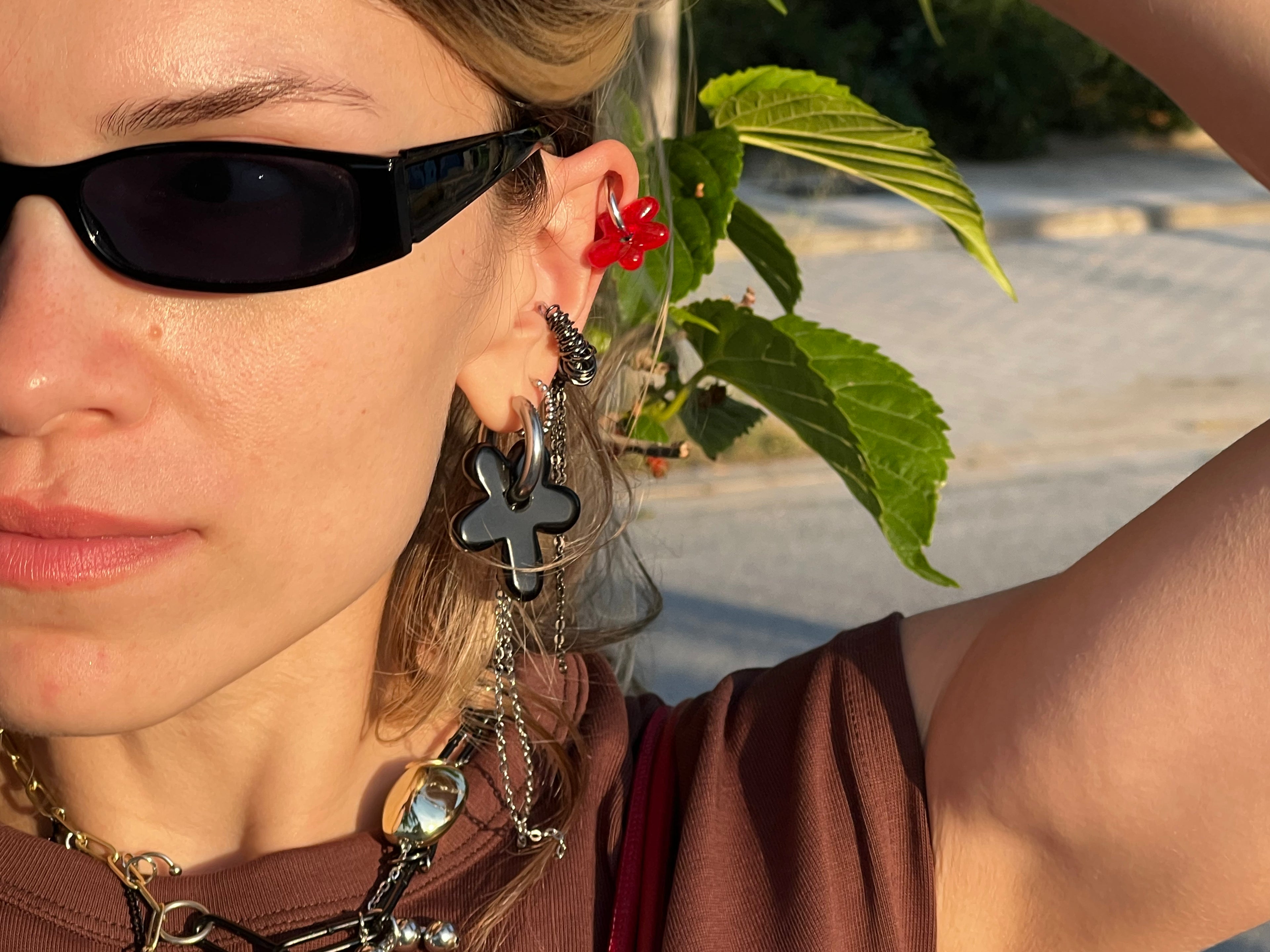 Mono Earring with Natural Stone Flower & Chains