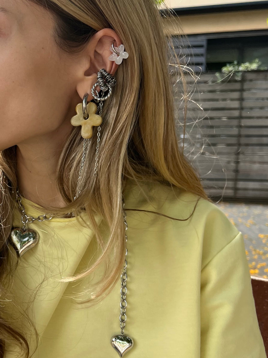 Mono Earring with Natural Stone Flower & Chains