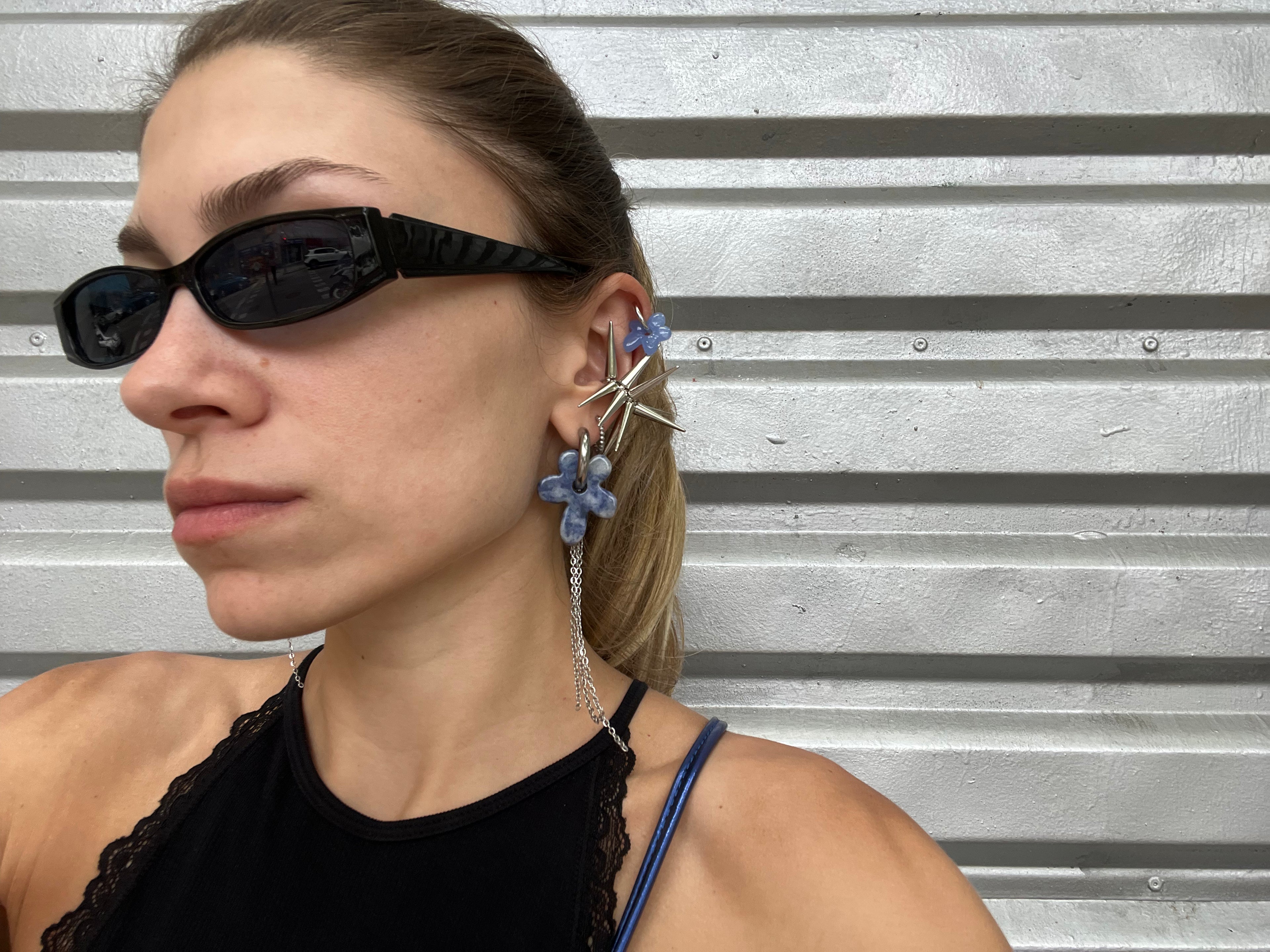 Mono Earring with Natural Stone Flower & Chains
