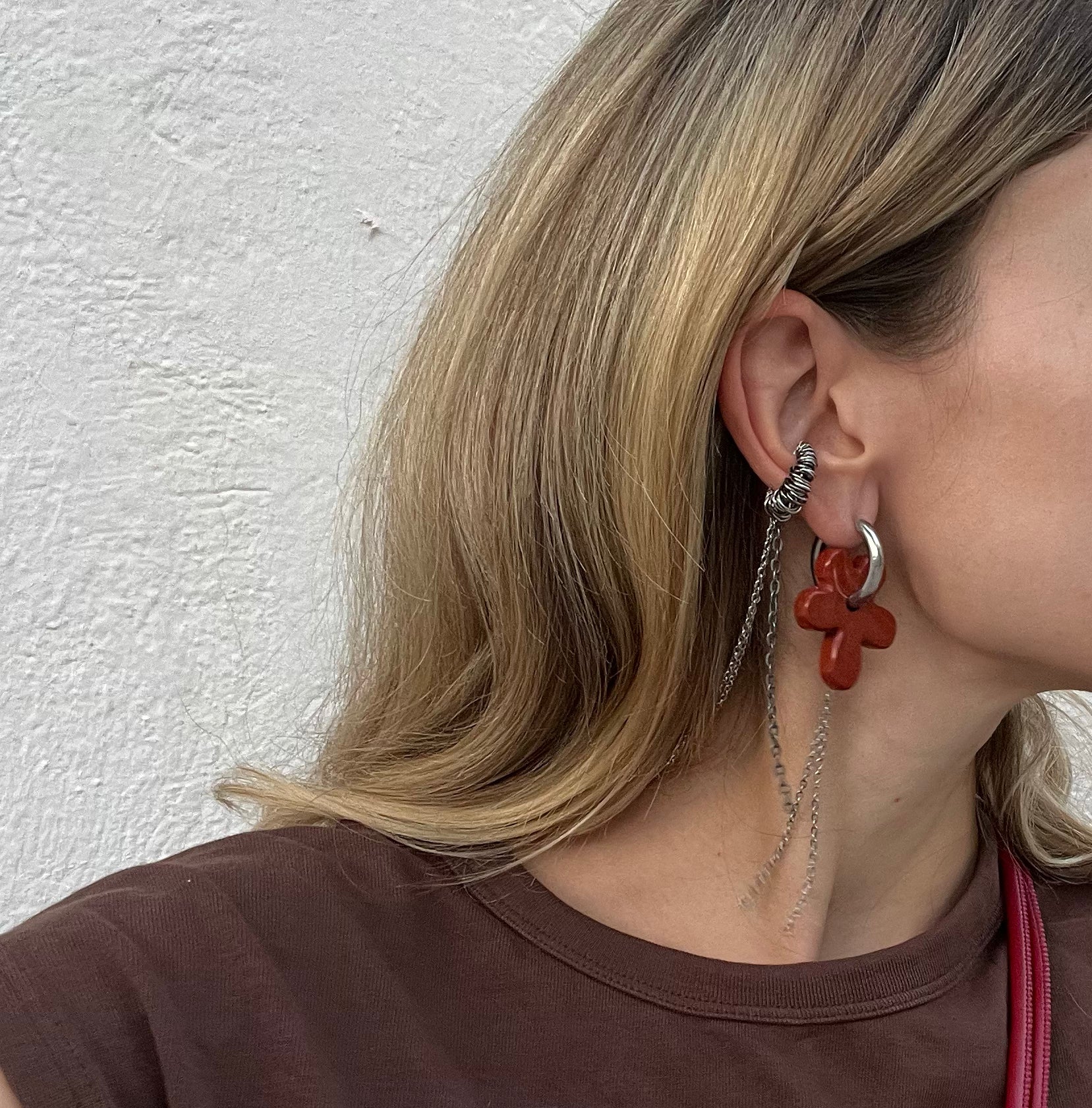Mono Earring with Natural Stone Flower & Chains