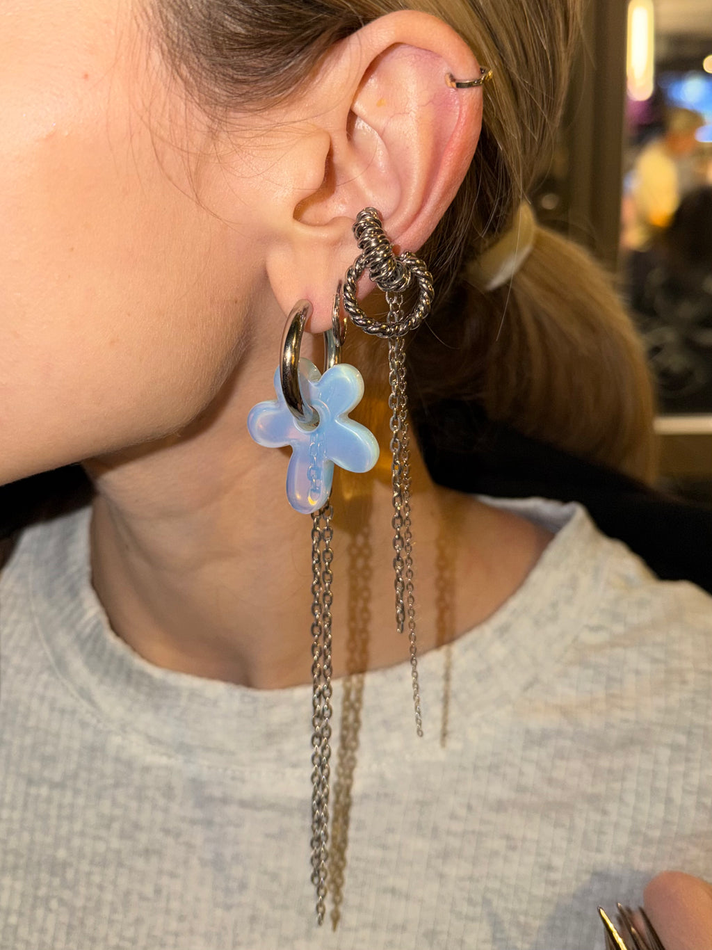 Mono Earring with Natural Stone Flower & Chains