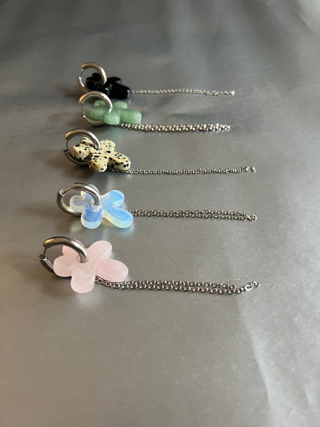 Mono Earring with Natural Stone Flower & Chains