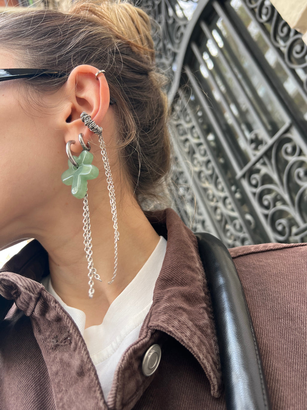 Mono Earring with Natural Stone Flower & Chains