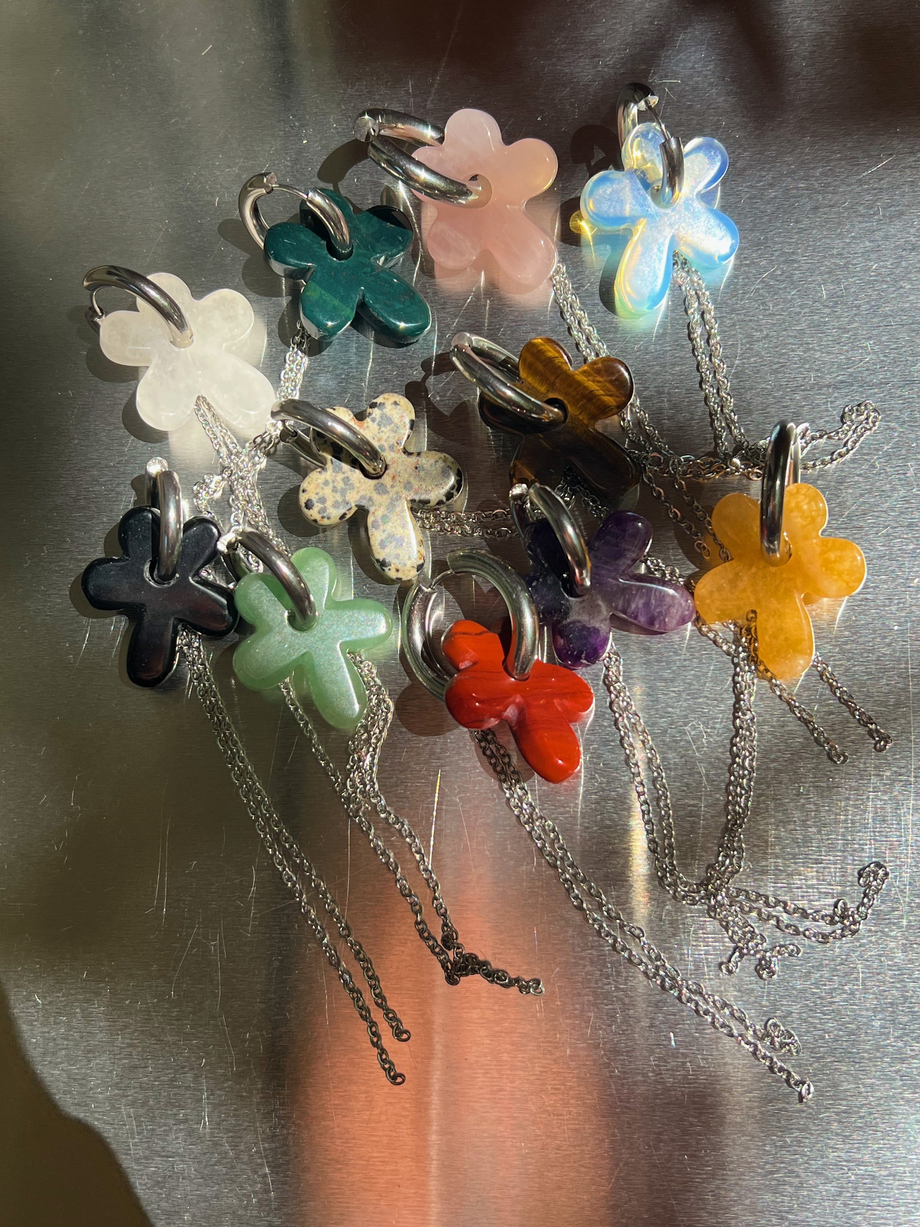 Mono Earring with Natural Stone Flower & Chains