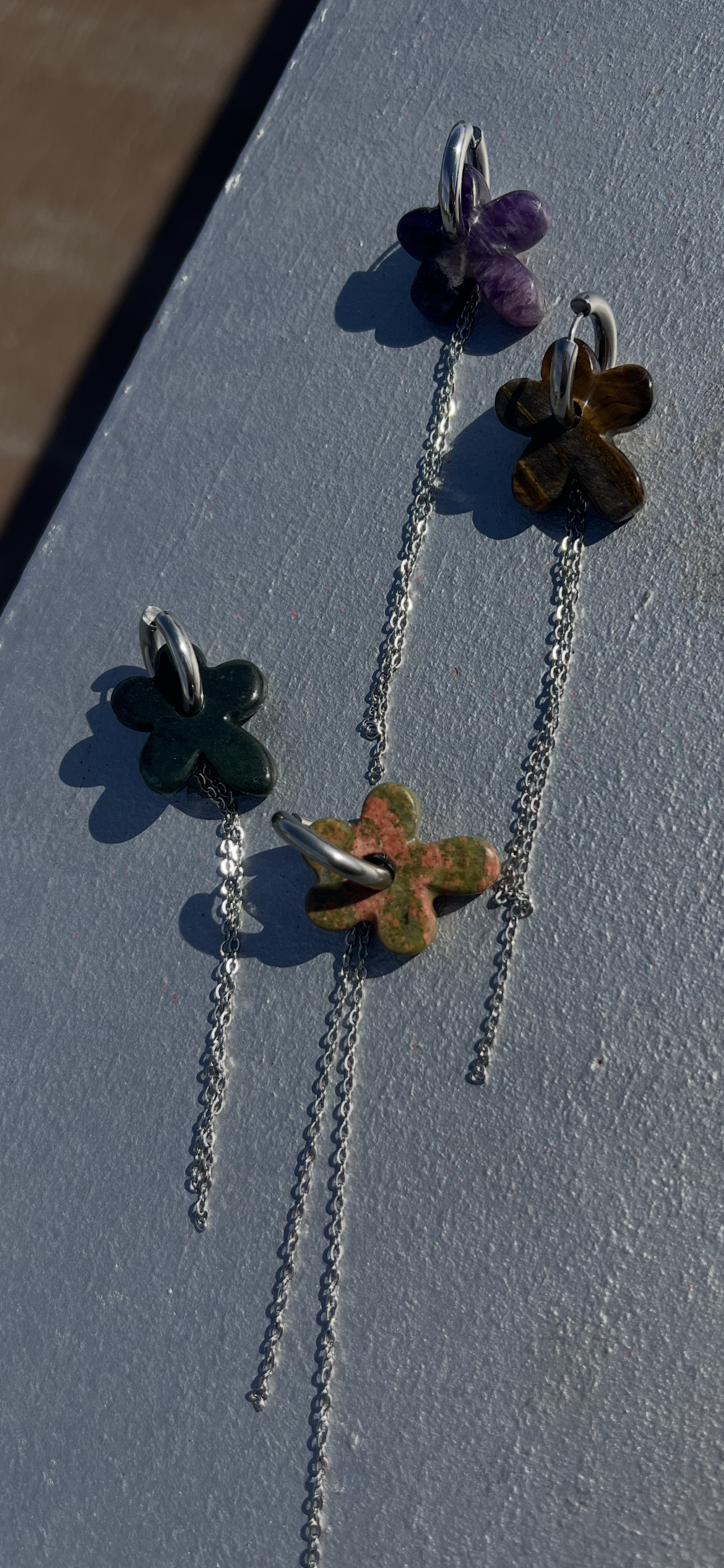 Mono Earring with Natural Stone Flower & Chains
